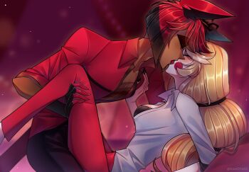 1boy 1girl alastor_(hazbin_hotel) animal_ears black_bra black_gloves black_pants blush_stickers bra charlie_morningstar collarbone collared_shirt commentary commission dark-skinned_male dark_skin fingerless_gloves french_kiss from_side gloves hazbin_hotel hellaverse hetero highres jacket kiss multi-tied_hair pants potakusan profile red_eyes red_hair red_jacket red_pants shirt short_hair underwear white_shirt