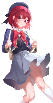 1girl absurdres arima_kana beret black_sweater_vest blue_hat blue_jacket blush bob_cut bow bowtie closed_mouth cowboy_shot dress dress_shirt hat hat_ribbon highres inverted_bob jacket kneehighs legs looking_at_viewer medium_hair oshi_no_ko red_eyes red_hair ribbon school_uniform shirt skirt socks solo sweater_vest thighs white_shirt youtou_high_school_uniform