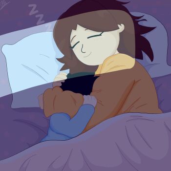 1boy 1girl age_difference angelonce bed bed_sheet between_breasts black_hair breast_smother breasts brown_hair couple face_between_breasts face_to_breasts flat_color hand_on_another's_head happy head_between_breasts hetero highres holding hug husband_and_wife mature_female messy_hair mii_(nintendo) mii_gunner mii_gunner_(smash_4) n-sfwed nintendo oc_x_canon on_bed pillow shota size_difference sleeping smother under_covers