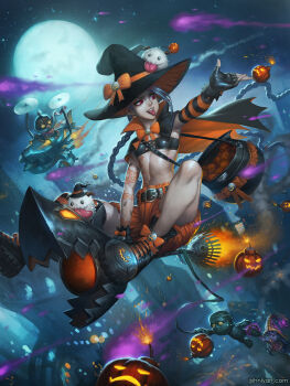 2boys 2girls :p amumu bag bandages blue_hair bomb bow broom broom_riding corki explosive facial_hair fingerless_gloves flat_chest flying gloves goggles hat hat_bow hat_ribbon highres jack-o&#039;-lantern jinx_(league_of_legends) league_of_legends lulu_(league_of_legends) md5_mismatch midriff moon multiple_boys multiple_girls mustache navel night night_sky poro_(league_of_legends) propeller red_eyes ribbon shoes sky speh thighs tongue tongue_out watermark web_address witch_hat
