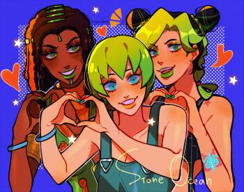3girls absurdres artist_name blue_background blue_nails bracelet braid bright_pupils brown_hair collarbone commentary copyright_name dark-skinned_female dark_skin double_bun dreadlocks earrings english_commentary ermes_costello facial_mark film_grain foo_fighters_(jojo) green_eyes green_hair green_lips green_nails hair_bun heart heart_hands highres huyandere jewelry jojo_no_kimyou_na_bouken kuujou_jolyne lipstick looking_at_viewer makeup multicolored_hair multiple_girls nail_polish open_mouth overalls short_hair sideways_glance smile star_(symbol) stone_ocean stud_earrings tattoo two-tone_hair white_pupils y2k_fashion yellow_lips