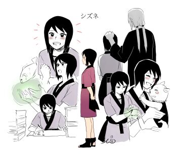 2girls aged_down animal arms_behind_back blood blush calligraphy commentary_request fish headpat highres holding holding_animal japanese_clothes low_twintails may_c multiple_girls naruto_(series) paper_stack partially_colored pig shizune_(naruto) signature tonton_(naruto) translated tsunade_(naruto) twintails writing