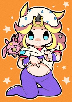 1boy blonde_hair blue_eyes chibi chibi_only colored_skin commentary guido_mista's_pose hat heart_ornament highres hood hood_down hoodie horseshoe_hat_ornament horseshoe_ornament johnny_joestar jojo_no_kimyou_na_bouken jojo_pose kneeling m_a_a_m_8 male_focus medium_hair midriff navel orange_background pants pink_skin pointing pointing_at_viewer purple_pants red_sleeves short_sleeves stand_(jojo) star_(symbol) star_print steel_ball_run symbol-only_commentary tusk_(stand) tusk_act1 two-tone_sleeves white_hat white_hoodie white_sleeves wristband