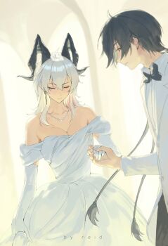 1boy 1girl absurdres ahoge artist_name bare_shoulders black_bow black_bowtie black_hair black_horns bow bowtie breasts cleavage closed_eyes closed_mouth commentary_request curled_horns dress earrings elbow_gloves gloves hair_between_eyes highres horns jewelry key_earrings long_hair male_rover_(wuthering_waves) medium_breasts multicolored_hair neid_art rover_(wuthering_waves) strapless strapless_dress streaked_hair wedding_dress white_dress white_gloves wuthering_waves zani_(wuthering_waves)