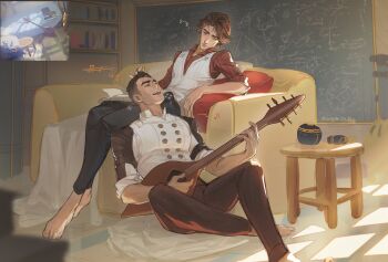 2boys arcane:_league_of_legends arcane_jayce barefoot black_pants book book_on_lap brown_hair brown_shirt chalkboard closed_eyes collared_shirt commentary couch crossed_ankles elbow_rest fulushouxijixiangcha highres holding holding_instrument instrument jayce_(league_of_legends) lap_pillow league_of_legends looking_at_another male_focus multiple_boys music musical_note musical_staff open_book open_collar open_mouth pants parted_hair pinstripe_pattern pinstripe_shirt playing_instrument reference_inset shadow shirt sideburns sitting smile table teeth upper_teeth_only vest viktor_(arcane) viktor_(league_of_legends) white_vest wing_collar wooden_table yaoi
