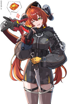1girl anger_vein asymmetrical_gloves coat combat_knife curled_horns dragon_girl dragon_horns fire gloves green_eyes grey_coat hat highres holding holding_knife horns knife long_hair magus_(zenless_zone_zero) mechanical_tail mismatched_gloves morishi_m one_eye_closed orange_hair orphie_magnusson pointy_ears scolding spoken_food sweatdrop tail thighhighs twitter_username weapon white_background zenless_zone_zero