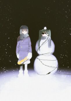 Rule 34 | 2girls, aqua hair, boots, character request, christmas lights, coat, commentary, expressionless, full body, grey eyes, grey hair, grey leggings, grey scarf, hat, hatsune miku, highres, leggings, mittens, multiple girls, night, purple coat, scarf, snow, snowing, snowman, standing, sunglasses, vocaloid, white mittens, winter clothes, winter coat, yaa0