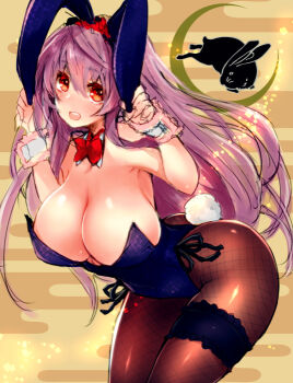 Rule 34 | 1girl, :d, animal ears, bad id, bad pixiv id, blush, breasts, character request, cleavage, crescent moon, detached collar, egasumi, fake animal ears, female focus, fishnet pantyhose, fishnets, frilled thigh strap, huge breasts, inayama, light particles, long hair, moon, open mouth, pantyhose, playboy bunny, purple hair, rabbit, rabbit ears, rabbit tail, red eyes, sengoku bushouki muramasa, smile, solo, tail, thigh strap, toudou takatora (sengoku bushouki muramasa), wrist cuffs