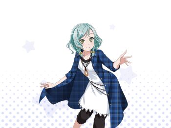 1girl anime_coloring aqua_hair bang_dream! bent_back black_pants blue_jacket bow braid breasts checkered_clothes checkered_jacket closed_mouth collarbone dress hair_bow halftone halftone_background hand_up hikawa_hina hunched_over jacket jewelry lace lace-trimmed_dress lace_trim long_sleeves looking_at_viewer medium_breasts medium_hair necklace official_art open_clothes open_hand open_jacket pants side_braids smile solo standing star_(symbol) twin_braids white_background white_dress yellow_bow yellow_eyes