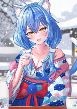 1girl absurdres ahoge animal_ear_fluff animal_ears bell blue_hair blue_kimono blush breasts cat_ears cat_girl cat_tail choko_(cup) cleavage collarbone commentary_request cup fingernails floral_print floral_print_kimono hakama hakama_skirt highres holding holding_cup hololive japanese_clothes kimono long_hair looking_at_viewer mizoleoekaki nail_polish off_shoulder open_mouth pink_nails print_kimono single_off_shoulder skirt smile snow snowing solo tail tail_bell tail_ornament twintails virtual_youtuber yellow_eyes yukihana_lamy yukihana_lamy_(new_year)