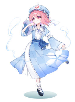 1girl absurdres ankle_socks black_shoes blue_hat blue_kimono blue_ribbon checkered_clothes checkered_kimono collarbone commentary_request double-parted_bangs floating_clothes floating_hair floral_print floral_print_kimono frilled_kimono frilled_socks frills full_body ghost hair_between_eyes hair_intakes hat highres japanese_clothes kimono light_blush looking_at_viewer mary_janes medium_hair mob_cap neck_ribbon no_nose pink_eyes pink_hair print_kimono ribbon saigyouji_yuyuko shadow shoes sia_6767 simple_background smile socks solo standing touhou white_background white_socks wide_sleeves