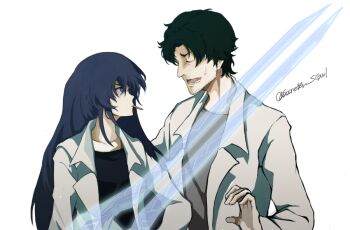 Rule 34 | 1boy, 1girl, aged up, aoi sena, beard stubble, black hair, black shirt, chaos;head, d-sword, facial hair, grey shirt, hand up, in-franchise crossover, lab coat, lapels, lollipop in mouth, long hair, looking at another, lower teeth only, nervous sweating, non-web source, notched lapels, okabe rintarou, open mouth, purple hair, science adventure, secretter, shirt, simple background, steins;gate, stubble, sweat, teeth, threat, tongue