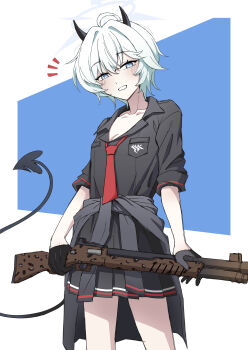 absurdres animal_print black_gloves black_shirt blue_archive blue_eyes blush breasts clothes_around_waist demon_horns demon_tail erika_(blue_archive) fabarm_fp6/sdass gehenna_academy_logo gloves gun halo highres horns jacket jacket_around_waist leopard_print looking_at_viewer necktie pump_action qiu_mu red_necktie shirt short_hair shotgun skirt smile tail weapon white_hair
