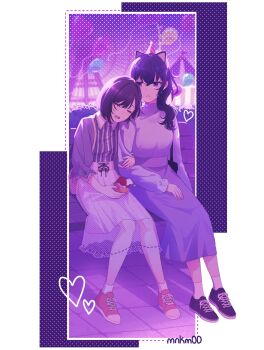 2girls amusement_park asahina_mafuyu backpack bag black_bag black_ribbon bob_cut border brown_hair bush casual circus_tent closed_eyes closed_mouth cloud collared_shirt commentary contrast_collar cross-laced_clothes cross-laced_skirt dot_nose dotted_line dress english_commentary expressionless eyelashes ferris_wheel frilled_skirt frilled_sleeves frills full_body grey_shirt hair_between_eyes hair_over_shoulder halftone happy head_on_another's_shoulder heart high-waist_skirt high_ponytail highres holding holding_another's_arm holding_toy jitome layered_skirt leaning_on_person light_frown long_dress long_hair long_sleeves looking_at_another multiple_girls on_bench open_mouth outside_border pink_shoes pleated_dress pleated_skirt ponytail project_sekai puffy_long_sleeves puffy_sleeves purple_border purple_dress purple_eyes purple_hair purple_sash purple_shoes purple_sky purple_sleeves purple_theme reean ribbon ribbon-trimmed_skirt ribbon_trim sash see-through_skirt_layer shinonome_ena shirt shoes short_hair shoulder_bag signature sitting skirt sky smile sneakers socks striped_clothes striped_shirt three-quarter_sleeves toy turtleneck turtleneck_dress two-tone_border vertical-striped_clothes vertical-striped_shirt waist_ribbon waist_sash wavy_hair white_border white_skirt white_socks yuri