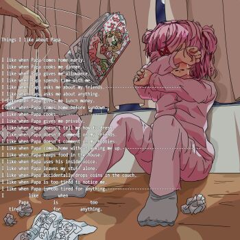1boy 1girl 51707 abuse bed bedroom blocking blush bob_cut breasts clenched_hands commentary covering_face covering_own_eyes crumpled_paper crying curtains damaged doki_doki_literature_club english_commentary english_text father_and_daughter foreshortening full_moon grey_socks hair_ornament hair_ribbon highres knees_up long_sleeves manga_(object) moon motion_lines natsuki_(doki_doki_literature_club) night night_sky on_floor pajamas pants paper parted_lips pillow pink_hair pink_pajamas pink_pants pink_shirt poem pov pov_hands red_ribbon ribbon sad shirt short_hair sitting sky small_breasts socks solo_focus star_(sky) streaming_tears swept_bangs tears text_focus throwing torn translated two_side_up unhappy window wooden_floor x_hair_ornament
