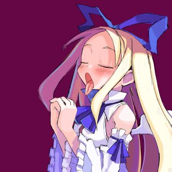 1girl absurdres blonde_hair blush chiden closed_eyes disgaea flonne highres imminent_bukkake oral_invitation praying ribbon solo tongue tongue_out waiting_for_cum