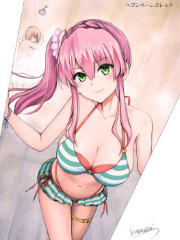 Rule 34 | 2girls, aikawa megumi, bathing, bathroom, belt, bikini, bikini skirt, blonde hair, blush, breasts, cleavage, closed mouth, collarbone, commentary request, cowboy shot, eyes visible through hair, green eyes, hair between eyes, hair ornament, hair scrunchie, halterneck, hand up, heaven burns red, indoors, kayamori ruka, large breasts, long hair, looking at viewer, looking back, multiple girls, navel, niwatori kokezou, nude, official alternate costume, official alternate hairstyle, pink hair, red bikini, revision, scrunchie, short hair, shower (place), showering, side-tie bikini bottom, side ponytail, sidelocks, signature, smile, solo focus, steam, striped bikini, striped clothes, swimsuit, thigh belt, thigh strap, wrist scrunchie