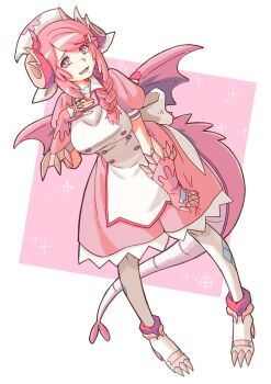 1girl braid breasts commentary_request dragon_girl dragon_horns dragon_tail dragon_wings duel_monster fingerless_gloves gloves hat highres horns large_breasts long_hair nurse nurse_cap nurse_dragonmaid open_mouth pink_eyes pink_hair puffy_short_sleeves puffy_sleeves shibumi short_sleeves simple_background smile solo tail white_background wings yu-gi-oh!