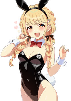 1girl :d animal_ear_hairband animal_ears bare_shoulders black_hairband black_leotard black_ribbon blonde_hair blush bow bowtie braid breasts cleavage commentary_request cowboy_shot detached_collar fake_animal_ears fake_tail fang fujita_kotone gakuen_idolmaster hair_ribbon hairband hand_up heart highleg highleg_leotard highres idolmaster leotard long_hair looking_at_viewer low_twin_braids medium_breasts open_mouth playboy_bunny rabbit_ear_hairband rabbit_ears rabbit_tail raised_inner_eyebrows red_bow red_bowtie ribbon sakura_ran simple_background skin_fang smile solo strapless strapless_leotard swept_bangs tail traditional_bowtie twin_braids white_background white_wrist_cuffs wrist_cuffs
