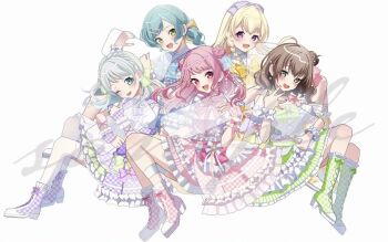 Rule 34 | 5girls, bandori shian, bang dream!, bang dream! girls band party!, blonde hair, blue eyes, boots, braid, brown hair, dress, frilled shirt, frilled skirt, frills, green eyes, hikawa hina, holding, long hair, maruyama aya, multiple girls, pastel palettes (bang dream!), pink hair, purple eyes, red eyes, shirasagi chisato, shirt, short hair, single braid, skirt, wakamiya eve, white background, white hair, yamato maya