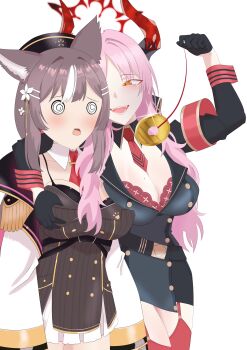 2girls @_@ animal_ear_fluff animal_ears armband belt between_breasts black_bra black_gloves blue_archive blush bra bra_peek breasts brown_hair chisaka_airi cleavage coat coin coin_on_string demon_horns detached_collar dress fangs flower fox_girl garter_straps gloves grabbing_another&#039;s_breast grabbing_from_behind groping hair_flower hair_ornament hairclip half_gloves halo hat holed_coin horns hypnosis jacket large_breasts long_hair long_sleeves military_uniform mind_control mole mole_on_breast multicolored_hair multiple_girls necktie open_mouth orange_eyes parted_bangs pendulum phase_connect pink_hair rayos red_armband red_bra red_eyes red_horns red_necktie red_thighhighs satsuki_(blue_archive) simple_background skirt smile thighhighs underwear white_background white_hair yellow_eyes yuri