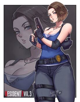 1girl artist_name belt black_gloves blue_eyes blue_shirt breasts brown_hair cleavage copyright_name denim elbow_gloves fingerless_gloves gloves gun handgun highres holding holding_gun holding_weapon jeans jewelry jill_valentine luchidart necklace pants parted_lips police_badge resident_evil resident_evil_3:_nemesis resident_evil_3_(remake) shirt signature single_elbow_glove weapon