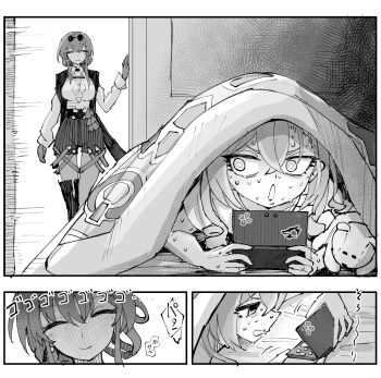 2girls 6sakuu closed_eyes commentary_request eyewear_on_head false_smile gloves hair_between_eyes handheld_game_console highres holding holding_handheld_game_console honkai:_star_rail honkai_(series) kafka_(honkai:_star_rail) long_hair long_sleeves lying monochrome multiple_girls nintendo_ds on_stomach silver_wolf_(honkai:_star_rail) smile sunglasses sweatdrop under_covers