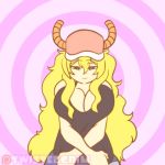 1girl ^_^ animated baseball_cap blonde_hair blue_eyes bouncing_breasts breasts cleavage closed_eyes clothes_lift curvy denim denim_shorts dragon_girl dragon_horns female_focus flashing green_eyes half-closed_eyes hat heterochromia horns huge_breasts kobayashi-san_chi_no_maidragon long_hair looking_at_viewer lucoa_(maidragon) navel nipples no_bra seductive_smile shirt shirt_lift shorts smile solo tank_top thick_thighs thighs twistedgrim video wide_hips