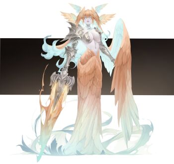 1girl absurdres alternate_form angel angel_wings aqua_hair arm_guards armor blue_eyes breasts colored_inner_hair commentary english_commentary feathered_wings fire flaming_sword flaming_weapon full_body hair_wings head_wings highres holding holding_sword holding_weapon hololive hololive_english large_breasts long_hair low_wings multicolored_hair multiple_wings navel no_shirt orange_hair orange_skirt parted_lips pauldrons raresauce shoulder_armor skirt solo stomach sword takanashi_kiara very_long_hair virtual_youtuber weapon wings