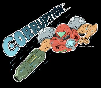 Rule 34 | 1girl, arm cannon, armor, artist name, assault visor, black background, commentary request, copyright name, full armor, green visor, highres, kristallion, metroid, metroid prime 3: corruption, multicolored armor, nintendo, outline, ped suit, power suit (metroid), samus aran, science fiction, simple background, solo, twitter username, weapon, white outline