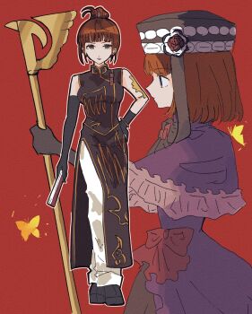 Rule 34 | 2girls, arm tattoo, asymmetrical gloves, black gloves, black hat, bob cut, bow, brown eyes, bug, butterfly, capelet, china dress, chinese clothes, commentary request, dress, dress bow, dual persona, elbow gloves, eva beatrice, from side, gloves, hair bun, hand fan, hand on own hip, hat, highres, holding, holding staff, insect, iori t101010, multiple girls, orange hair, pants, profile, purple capelet, purple dress, red background, short hair, simple background, staff, tattoo, umineko no naku koro ni, ushiromiya eva, white pants, yellow butterfly