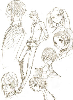 Rule 34 | 3girls, 4boys, adjusting eyewear, aoyama mio, character request, commentary request, copyright request, elysia de lute ima, frown, glasses, graphite (medium), hair between eyes, hair ornament, hairband, kami nomi zo shiru sekai, katsuragi keima, kuroshitsuji, multiple boys, multiple girls, pako (pakosun), ponytail, sebastian michaelis, sketch, skull hair ornament, takahara ayumi, traditional media, twintails