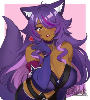 1girl animal_ear_fluff animal_ears anri_(pompoussnark) bare_shoulders blowing_kiss breasts brown_eyes cat_ears cat_girl cat_tail choker cleavage clothing_cutout commentary commission cowboy_shot dark-skinned_female dark_skin elbow_gloves english_commentary eyeshadow gloves hair_over_one_eye heart highres jacinth_peters large_breasts leaning_forward long_hair makeup mole mole_under_eye navel navel_cutout original parted_lips pink_background purple_choker purple_eyeshadow purple_gloves purple_hair purple_tail red_lips smile solo tail