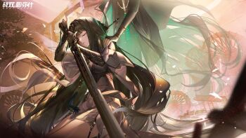Rule 34 | 1girl, china dress, chinese clothes, closed eyes, copyright name, dress, green nails, hair ornament, hand on another's shoulder, highres, holding, holding sword, holding weapon, logo, nail polish, official art, punishing: gray raven, qu: shukra (pgr), qu (pgr), second-party source, sword, weapon, xtears kitsune