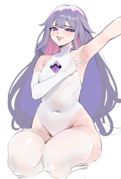 1girl armpit_crease armpit_focus armpits covered_navel flat_chest grey_hair highres hololive hololive_english impossible_clothes impossible_leotard jewel_under_eye kneeling koseki_bijou leotard long_hair looking_at_viewer multicolored_hair open_mouth pear-shaped_figure petite presenting_armpit purple_eyes simple_background skin_tight smile solo thick_thighs thighhighs thighs virtual_youtuber white_background white_thighhighs wide_hips yotamono