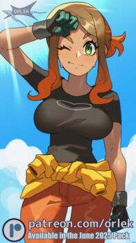 1girl ;) alternate_breast_size_(larger) arm_up breasts brown_hair clenched_hands closed_mouth clothes_around_waist cloud commentary day eyelashes gloves green_eyes happy hot jacket jacket_around_waist large_breasts light_rays long_hair nintendo one_eye_closed orange_pants orla_(pokemon) orlek outdoors pants patreon_logo pokemon pokemon_(anime) pokemon_horizons sidelocks sky smile solo sweat watermark web_address yellow_jacket