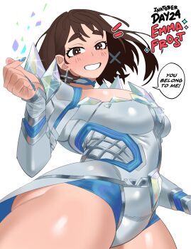 1girl blue_leotard blue_nails boku_no_hero_academia brown_eyes brown_hair cape choker corset cosplay diamond_(gemstone) earrings emma_frost emma_frost_(cosplay) english_text female_focus jewelry leotard loopvoid marvel marvel_rivals matching_hair/eyes multicolored_leotard short_hair sidelocks solo speech_bubble superhero_costume uraraka_ochako white_cape white_choker white_corset white_leotard x-men
