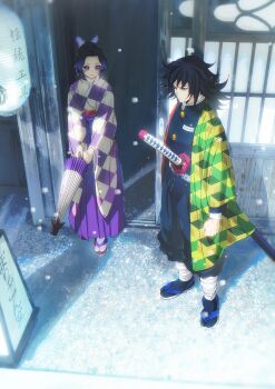 1boy 1girl absurdres alternate_costume belt black_hair black_jacket black_pants black_socks blue_eyes buttons commentary demon_slayer_uniform empty_eyes gold_buttons hair_between_eyes hakama haori high_collar highres holding holding_umbrella jacket japanese_clothes katana kikkoumon kimetsu_no_yaiba kimono kochou_shinobu long_hair low_ponytail niku_(ni23ku) outdoors pants ponytail print_haori purple_eyes purple_hakama red_haori sandals socks spiked_hair standing sword tomioka_giyuu umbrella weapon white_belt white_socks