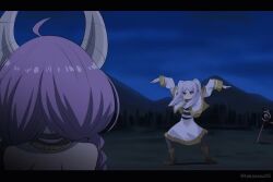 2girls animated aura_(sousou_no_frieren) aura_bullying_(meme) bare_shoulders bird braid demon_girl dress dungeon_meshi elf female_focus flying forest frieren fujitaka_nasu grey_hair hairdressing horns jewelry long_hair mountain multiple_girls nature necklace night pointy_ears purple_hair scene_reference sousou_no_frieren staff tagme twintails video