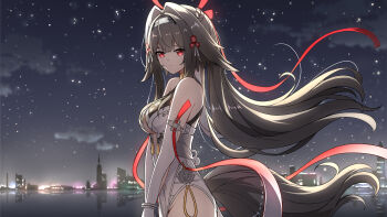 1girl absurdres animal_ears breasts brown_hair brown_tail china_dress chinese_clothes city_lights closed_mouth commentary_request cowboy_shot dress droopy_ears expressionless floating_hair from_side hair_intakes hair_ornament hairband highres horse_ears horse_girl horse_tail large_breasts long_hair looking_at_viewer mxirony night outdoors red_eyes reflection reflective_liquid sky solo star_(sky) starry_sky tail very_long_hair water white_hairband wind ye_shunguang zenless_zone_zero