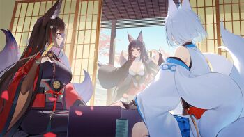 3girls akagi_(azur_lane) amagi_(azur_lane) animal_ears azur_lane board_game breasts cherry_blossoms crying detached_sleeves facing_away fox_ears fox_girl fox_tail game_cg highres japanese_clothes kaga_(azur_lane) kaga_(battleship)_(azur_lane) kimono multiple_girls non-web_source official_art sakura_empire_(emblem) shogi tail tatami worried