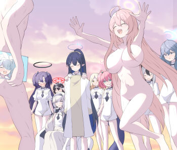 1boy 6+girls ahoge ako_(blue_archive) areola_slip arona_(blue_archive) ayane_(blue_archive) ayumu_(blue_archive) black_hair blonde_hair blue_archive blue_eyes blue_hair blush breasts closed_eyes coat commentary_request convenient_censoring hair_censor hair_over_breasts halo hanako_(blue_archive) highres himari_(blue_archive) holding_coat holding_unworn_clothes kayoko_(blue_archive) large_breasts long_hair momoka_(blue_archive) multiple_girls navel nude open_mouth pink_hair ponytail purple_hair pussy_juice reaching reaching_towards_another red_hair rin_(blue_archive) school_uniform sensei_(blue_archive) stomach sweatdrop tonomiya68 unworn_coat utnapishtim_operator_uniform_(blue_archive) yuuka_(blue_archive)