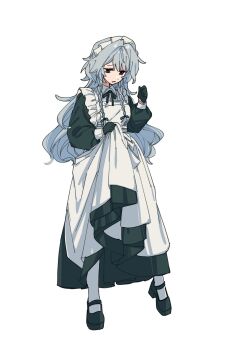 1girl alternate_costume alternate_eye_color alternate_hair_length alternate_hairstyle apron bow bowtie braid commentary_request dress full_body gloves green_bow green_bowtie green_dress green_eyes green_gloves green_shoes grey_hair hair_bow highres hua88331 izayoi_sakuya long_hair long_sleeves looking_down maid maid_apron maid_headdress open_mouth pantyhose puffy_long_sleeves puffy_sleeves shoes simple_background skirt_hold solo touhou twin_braids very_long_hair white_apron white_background white_pantyhose