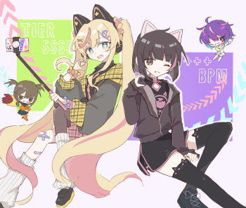 4girls animal_ear_headphones animal_ears aqua_eyes asakura_neko black_shorts black_thighhighs blonde_hair bob_cut brown_hair cat_ear_headphones cat_ears character_request chibi commentary cytus cytus_ii extra_ears fake_animal_ears gyaru hardcore_tano_c headphones highres hitnex j-core kobaryo_(character) kogal long_hair loose_socks multiple_girls necktie one_eye_closed purple_hair selfie selfie_stick short_hair shorts socks song_name symbol-only_commentary t+pazolite thighhighs twintails very_long_hair wusem0108 yuko_(hardcore_tano_c)