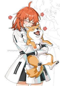 Rule 34 | 1boy, 1girl, ahoge, animalization, artist name, ayasyacyo, black gloves, blush, closed eyes, command spell, cowboy shot, dog, fate/grand order, fate (series), flower, from behind, fujimaru ritsuka (female), fujimaru ritsuka (female) (decisive battle chaldea uniform), fujimaru ritsuka (male), gloves, happy, high collar, highres, hug, long sleeves, medium hair, miniskirt, open mouth, orange hair, person and animalization, short hair, skirt, smile, sweatdrop, twitter username
