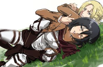 2girls annie_leonhart belt black_hair blonde_hair boots brown_boots buckle catfight choke_hold commentary_request hair_bun highres knee_boots long_sleeves mikasa_ackerman multiple_girls pants paradis_military_uniform ryona shingeki_no_kyojin short_hair strangling user_fjtr4342 wrestling yuri