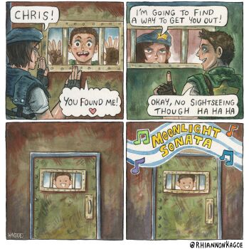 1boy 1girl absurdres artist_name beret black_gloves blue_hat blue_shirt brown_hair chris_redfield commentary door english_commentary fingerless_gloves gloves hat highres jill_valentine musical_note resident_evil resident_evil_1 rhiannon_kagoe shirt shoulder_pads