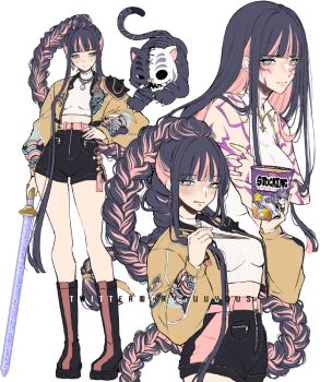 1girl black_boots black_shorts blue_eyes blunt_bangs body_markings boots braid braided_ponytail colored_inner_hair criis-chan crop_top cup_ramen derpy_(kpop_demon_hunters) earrings heterochromia holding holding_sword holding_weapon honekoneko_(psg) jewelry kpop_demon_hunters legs long_hair looking_at_viewer multicolored_hair multiple_views panty_&amp;_stocking_with_garterbelt rumi_(kpop_demon_hunters) shirt shorts simple_background stocking_(psg) striped_clothes sword two-tone_hair weapon white_background white_shirt yellow_eyes