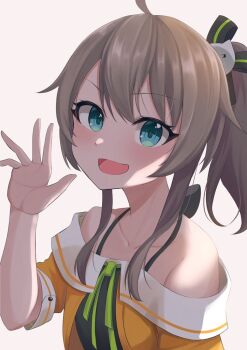 1girl ahoge bare_shoulders black_ribbon blue_eyes blush brown_hair collarbone commentary_request green_ribbon hair_between_eyes hair_ornament hair_ribbon hands_up hololive long_hair looking_at_viewer natsuiro_matsuri natsuiro_matsuri_(1st_costume) off-shoulder_shirt off_shoulder open_mouth orange_shirt ramkilog ribbon shirt short_sleeves side_ponytail sidelocks simple_background smile solo upper_body virtual_youtuber waving white_background