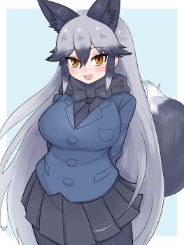 1girl animal_ears aramaru arms_behind_back black_gloves black_hair blush bow bowtie breasts extra_ears fangs fox_ears fox_girl fox_tail gloves grey_hair hair_between_eyes highres jacket kemono_friends large_breasts long_hair long_sleeves looking_at_viewer multicolored_hair orange_eyes pantyhose silver_fox_(kemono_friends) skirt smile tail